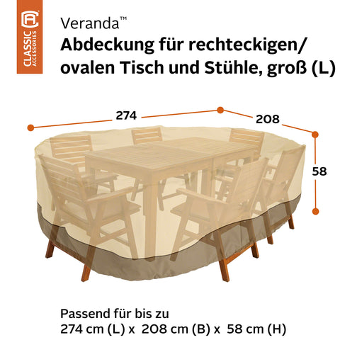 Classic Accessories Veranda cover for oval table provides durable outdoor protection.