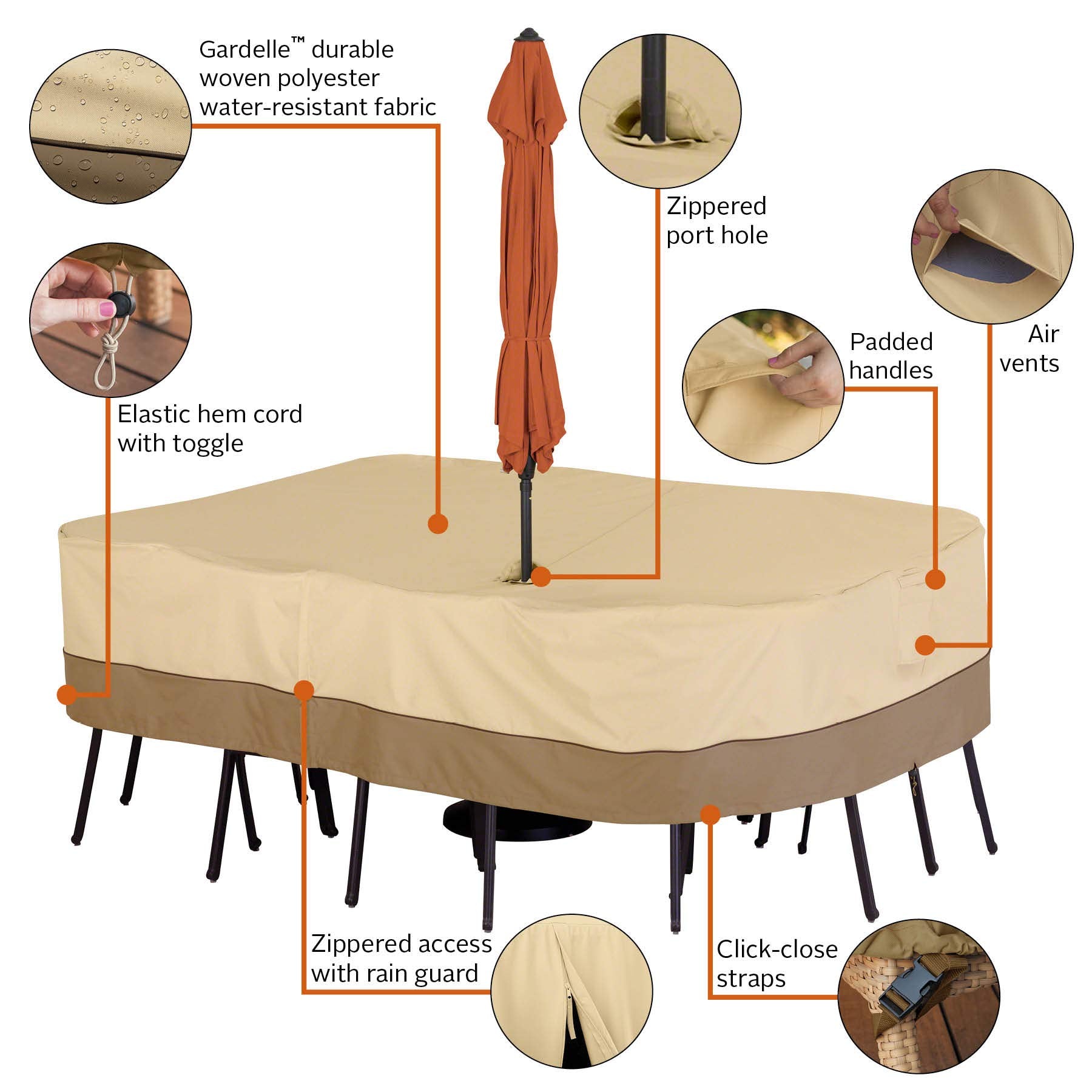 Elastic hem cord delivers a snug, custom-like fit.