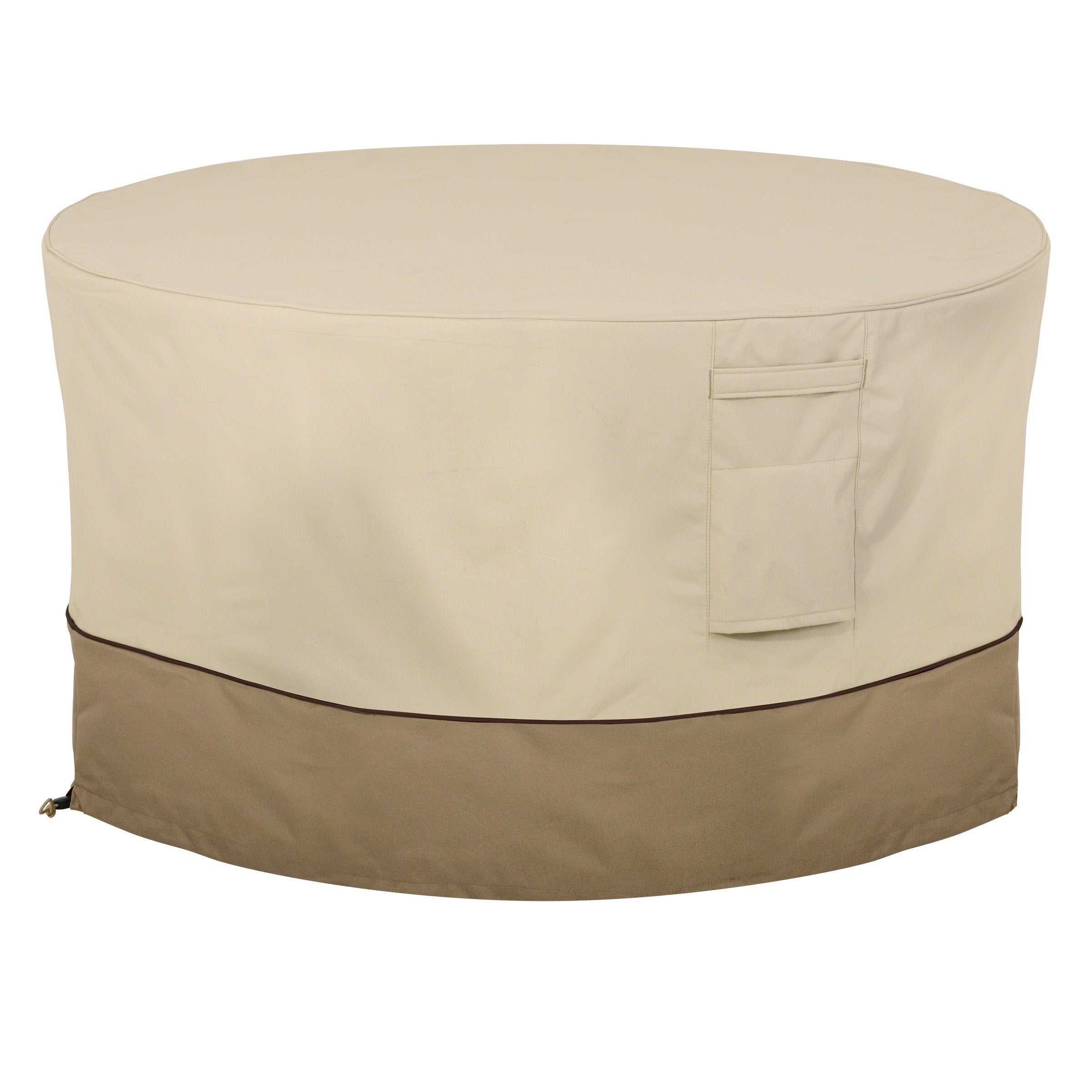 Classic Accessories Veranda 42-inch round fire pit cover protects outdoor furniture.