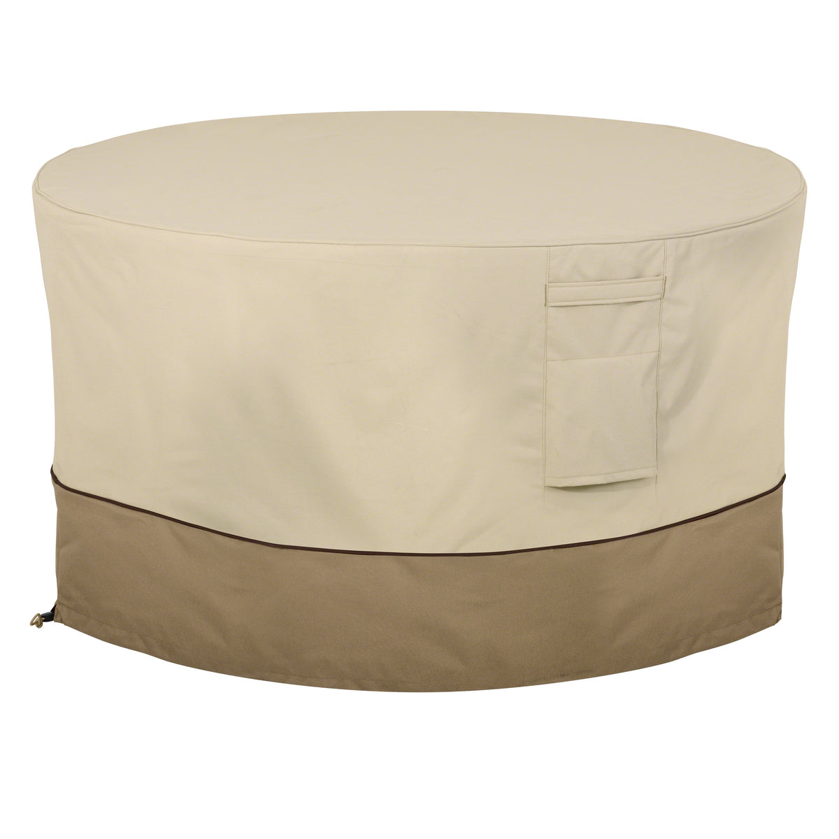 Classic Accessories Veranda 42-inch round fire pit cover protects outdoor furniture.