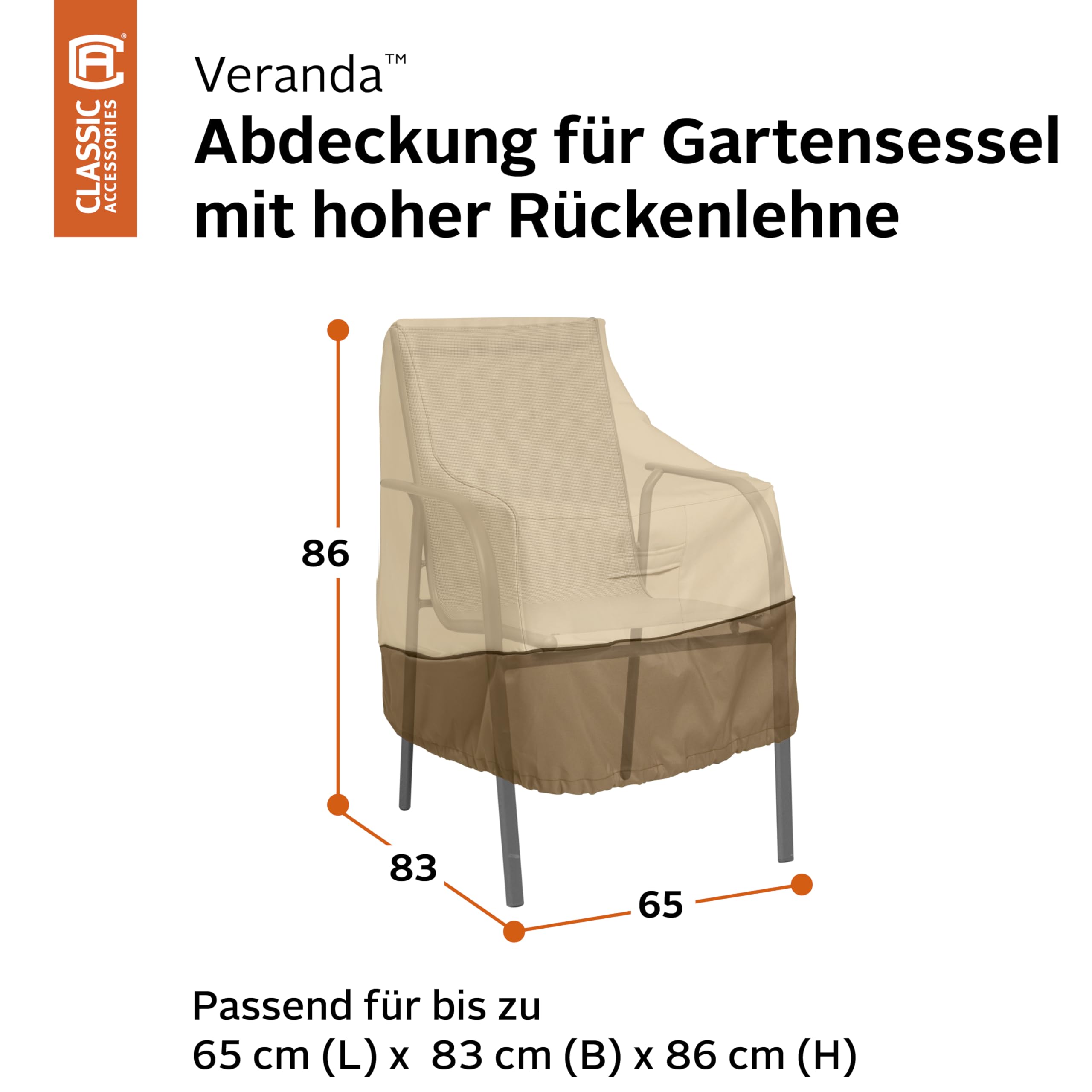 Classic Accessories Veranda pebble chair cover back view highlighting durable weather protection.