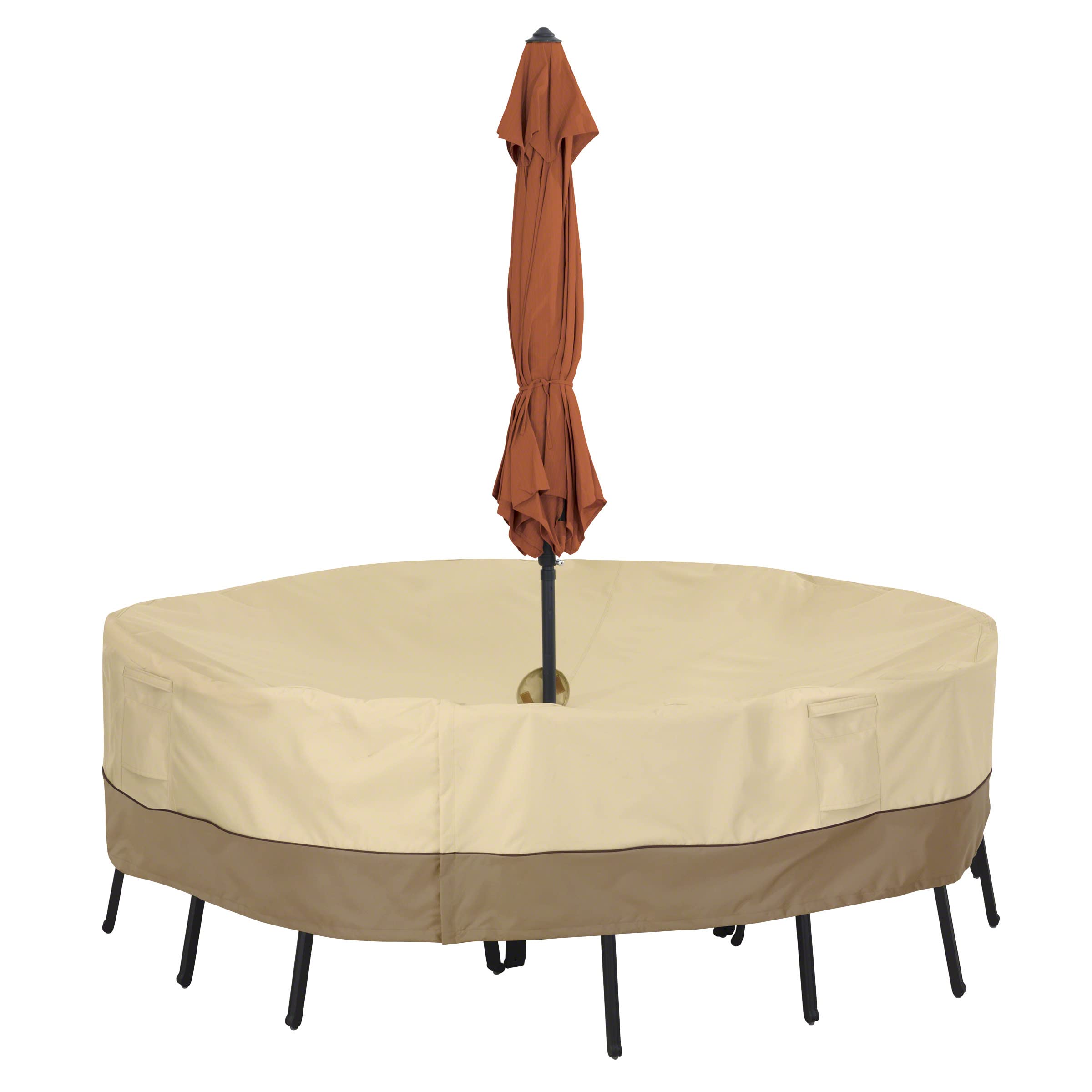 Classic Accessories Veranda round cover protecting a patio set with umbrella hole