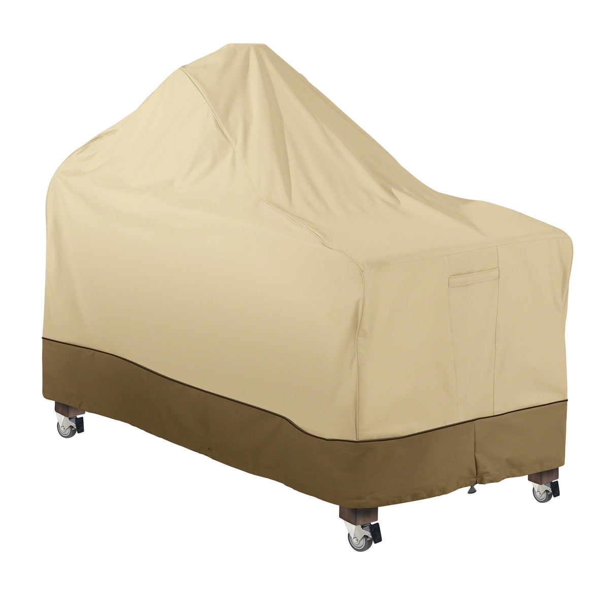 Classic Accessories Veranda cover, top view, shielding a 60-inch Kamado from rain and sun.