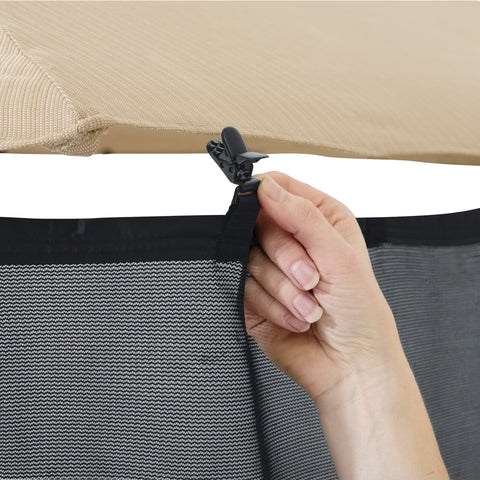 Classic Accessories shade screen with weighted hem stays in place on breezy days.