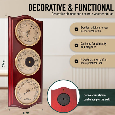 Classic Analog Weather Station cherry wood frame adds elegant desk decor.