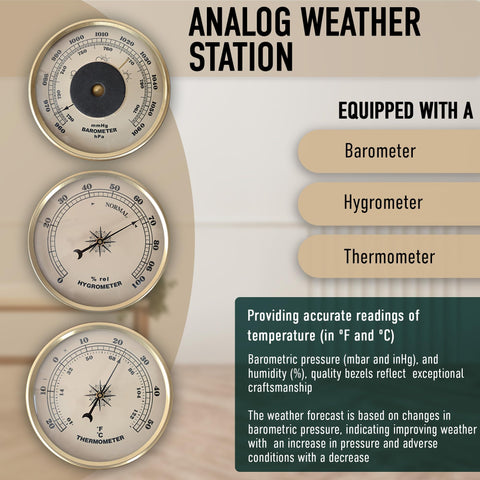 Classic Analog Weather Station gold-tone bezel highlights vintage charm.