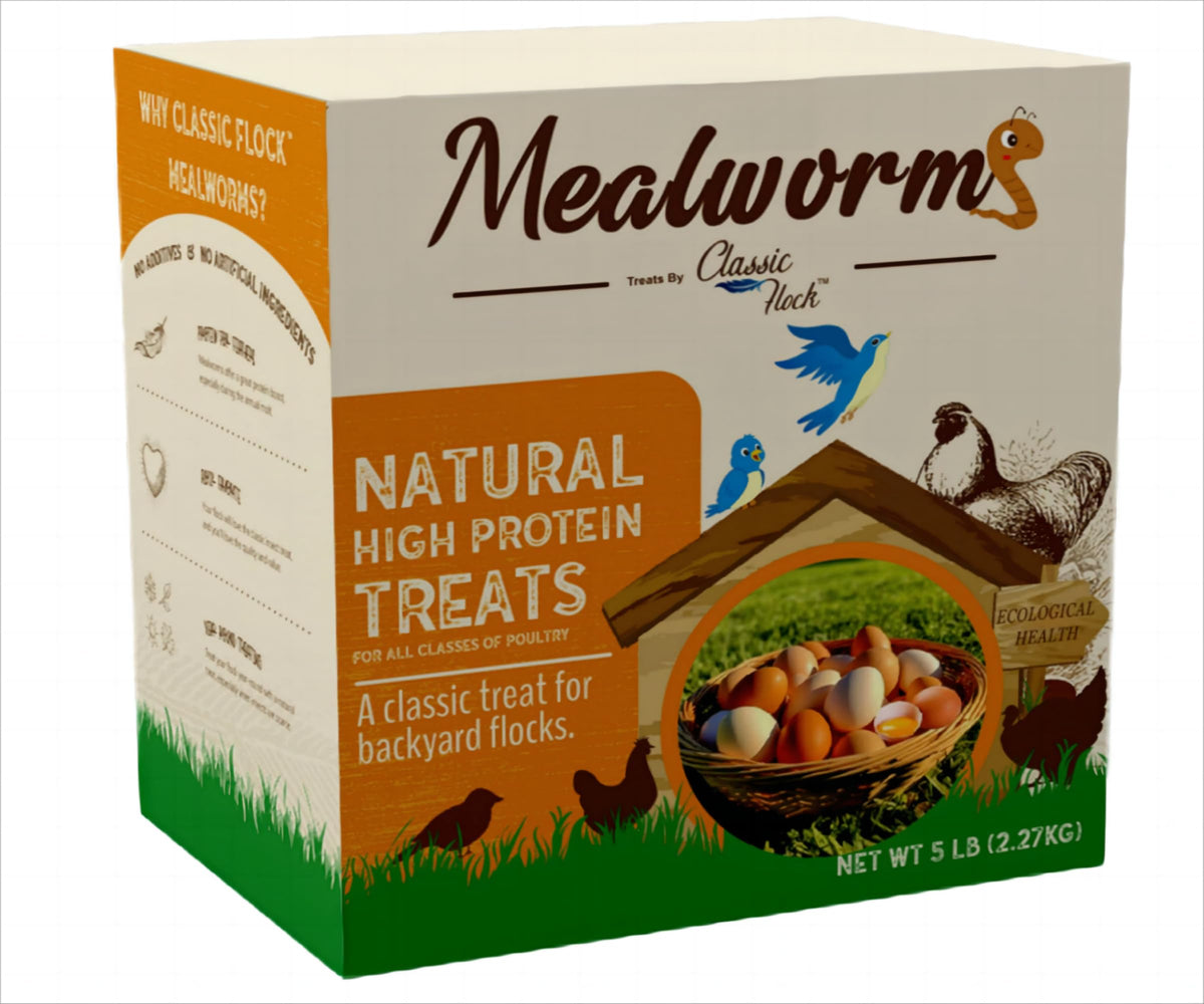 Classic Flock 5lb dried mealworms in a bulk pack; protein-rich snack for birds.