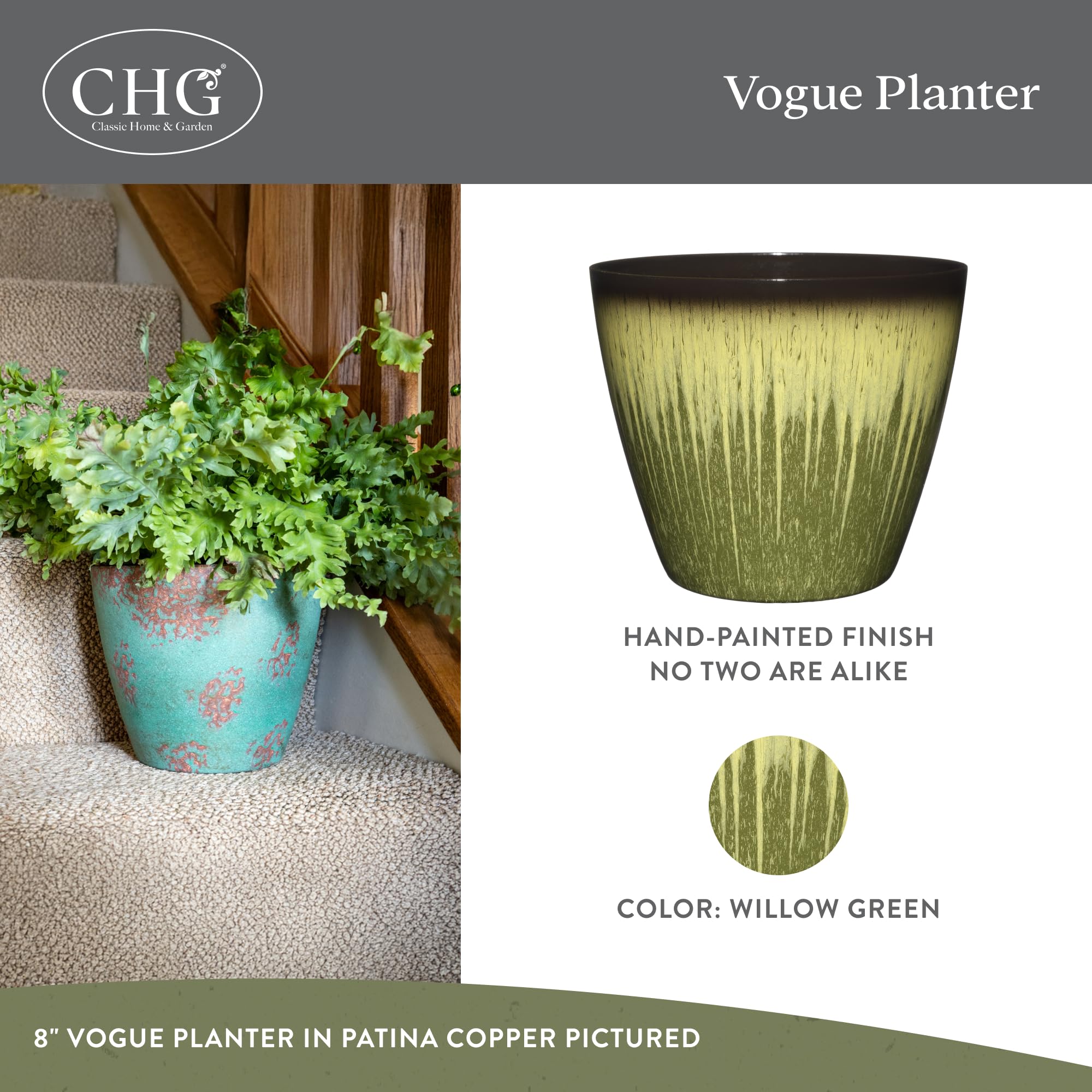 Vogue planter 8in willow green with durable resin, great for outdoor patios.