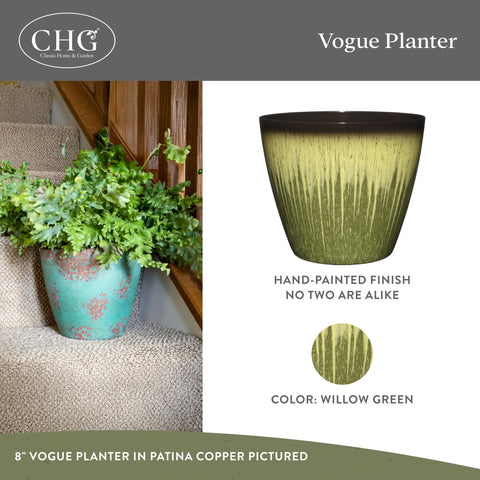 Vogue planter 8in willow green with durable resin, great for outdoor patios.
