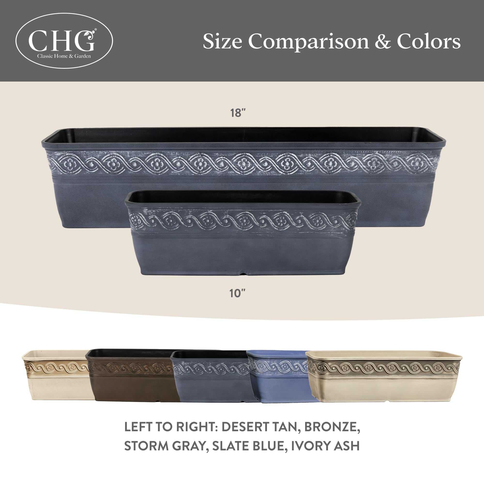 Rectangular trough design fits narrow porches and balconies.