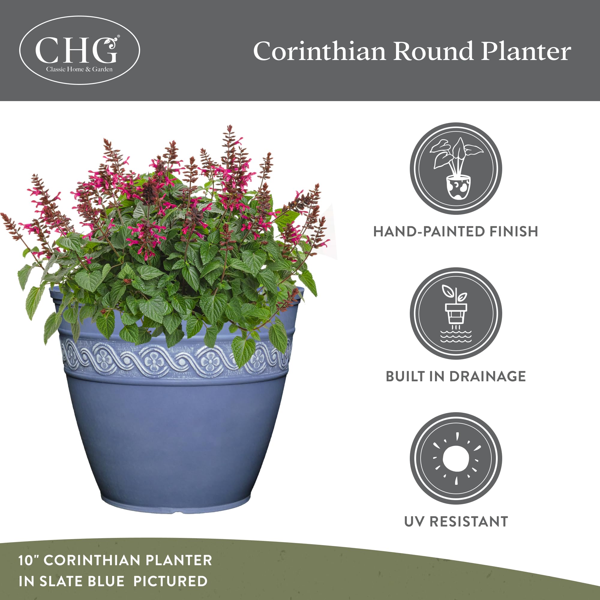 Classic Home & Garden Corinthian resin planter showing drainage holes to support healthy roots.