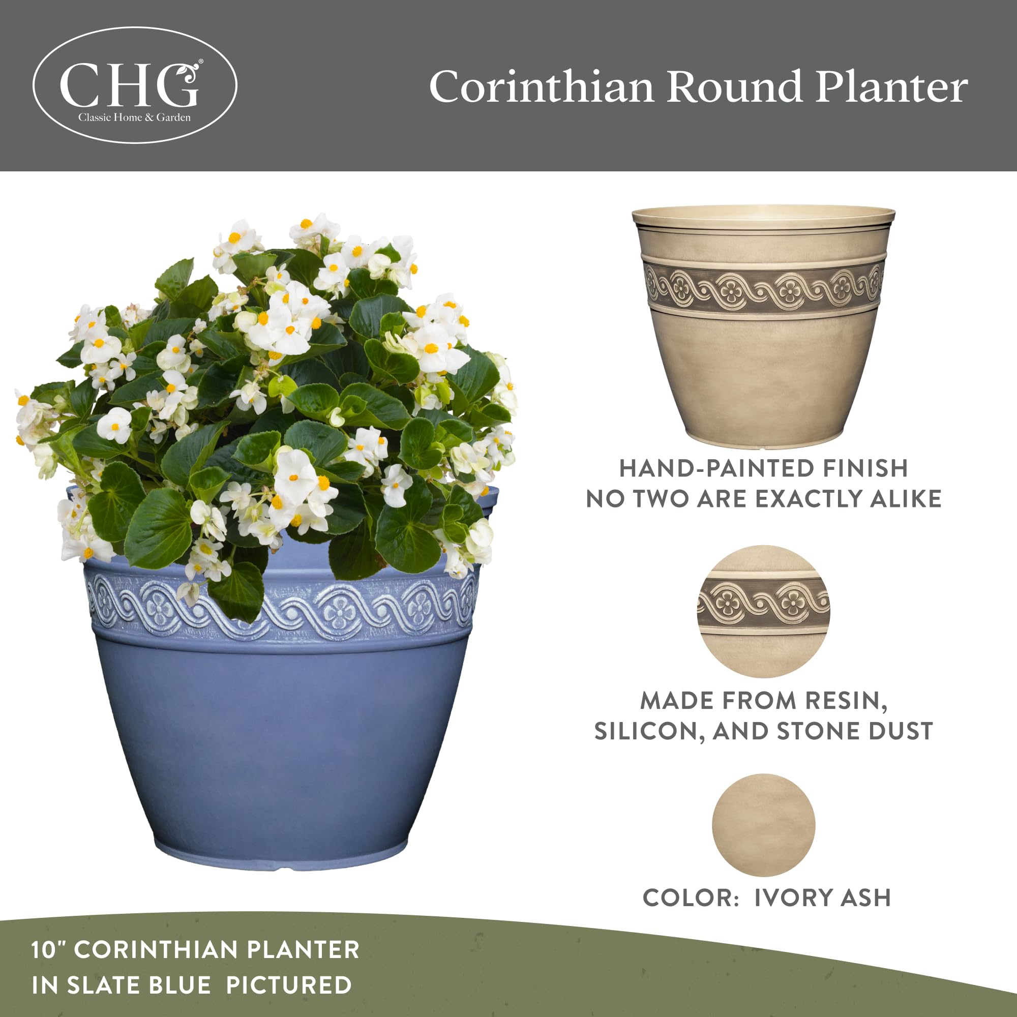 Classic Home & Garden Corinthian resin planter outdoors, durable weather-ready finish.