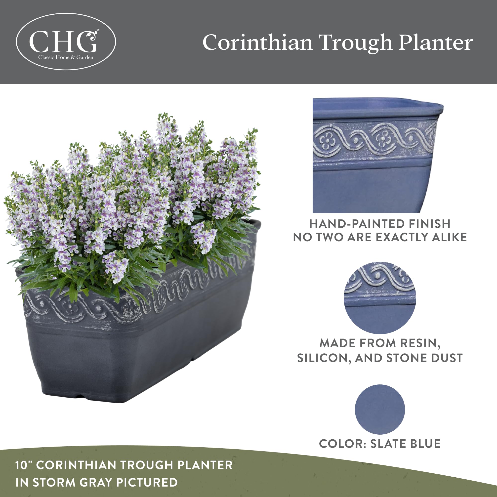 Corinthian trough planter closeup in slate blue shows durable materials.