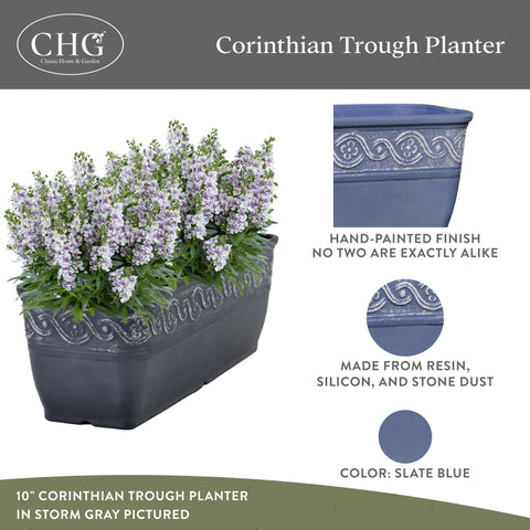 Corinthian trough planter closeup in slate blue shows durable materials.