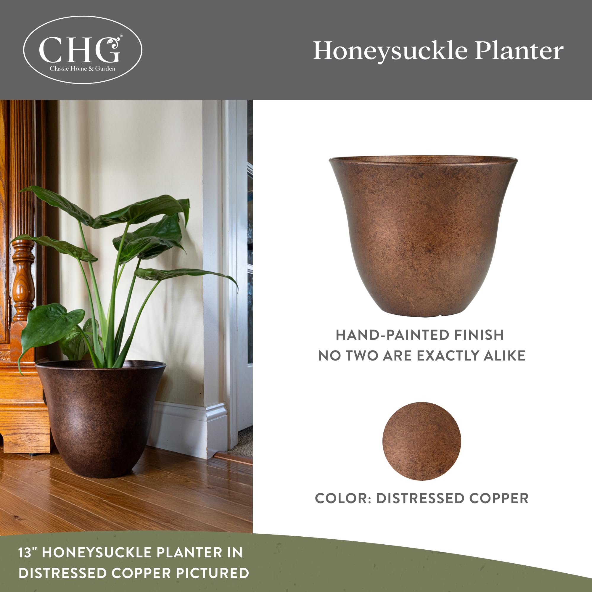 Lightweight Honeysuckle resin planter, 15-diameter, ideal for repositioning on patios or balconies.