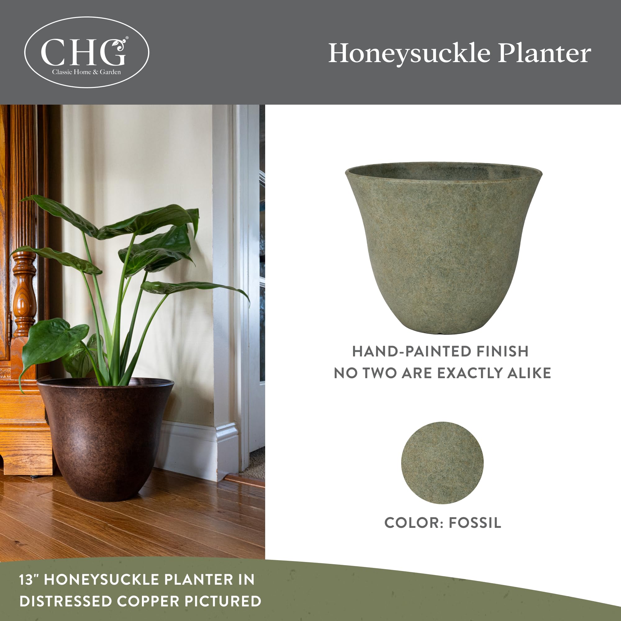 Classic Home & Garden Honeysuckle resin planter is lightweight and durable for easy repositioning.