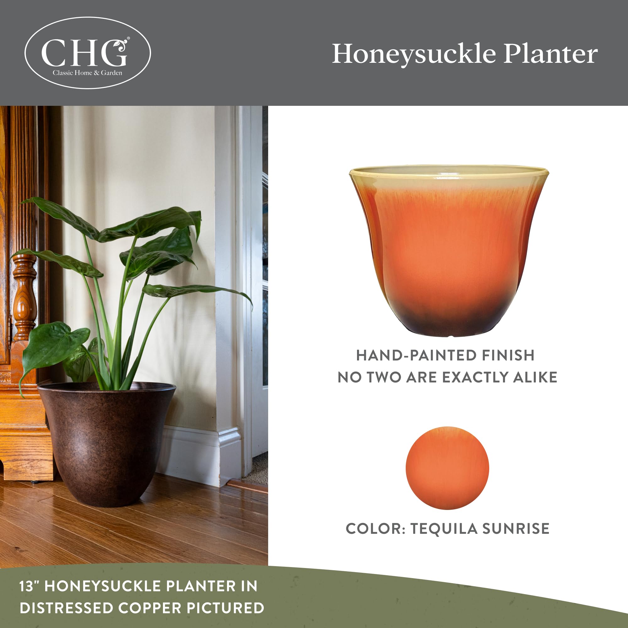 Classic Home and Garden Honeysuckle resin planter Tequila Sunrise faux ceramic finish enhances porch decor.