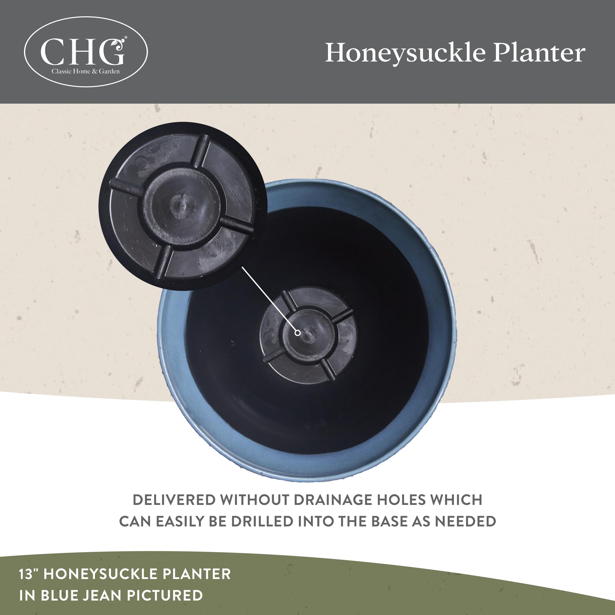 Classic Home & Garden Honeysuckle planter features UV-resistant material for long-lasting color in sunlit spaces.