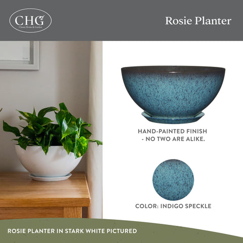 Rosie planter drainage hole and attached saucer prevent messy watering.