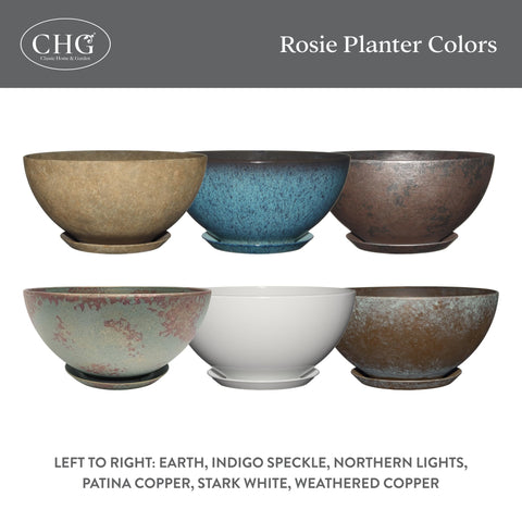 Pottery-like finish on Rosie planter complements modern and traditional decor.