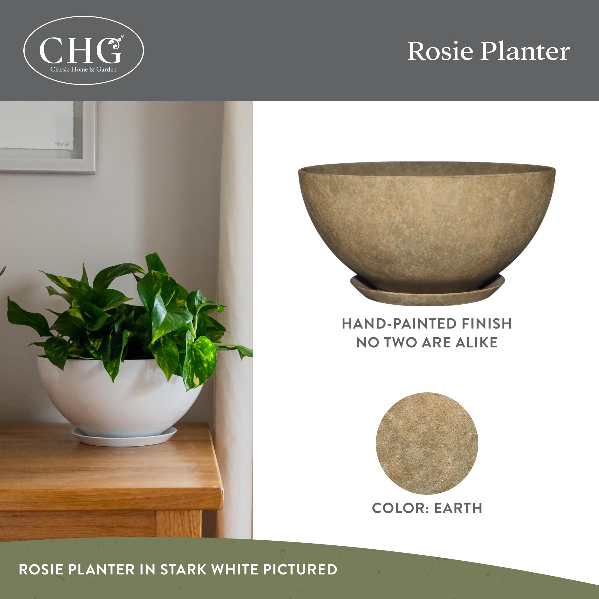 Rosie planter from Classic Home & Garden with attached saucer to keep surfaces clean.