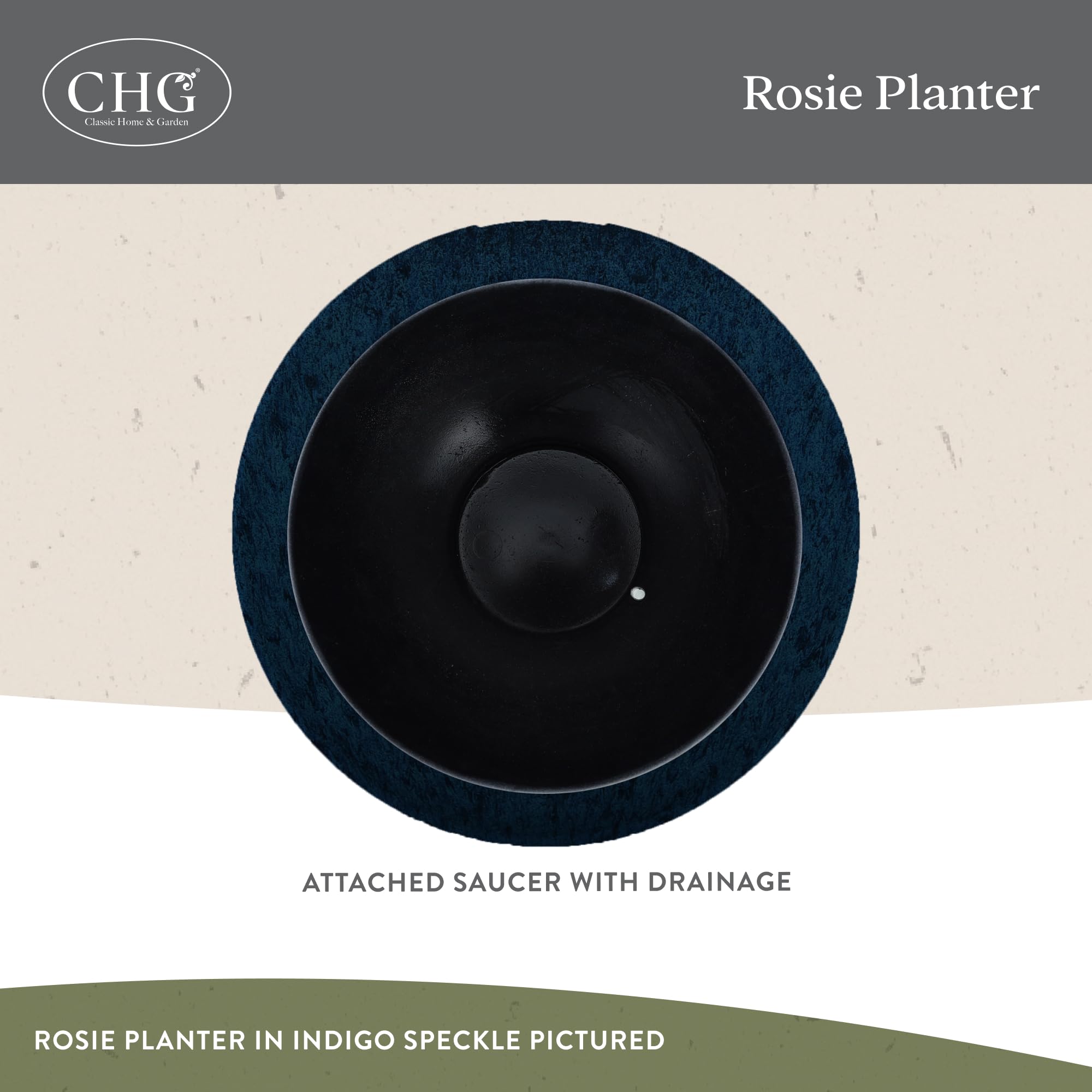 Indigo speckle resin Rosie planter weather resistant for outdoor use.