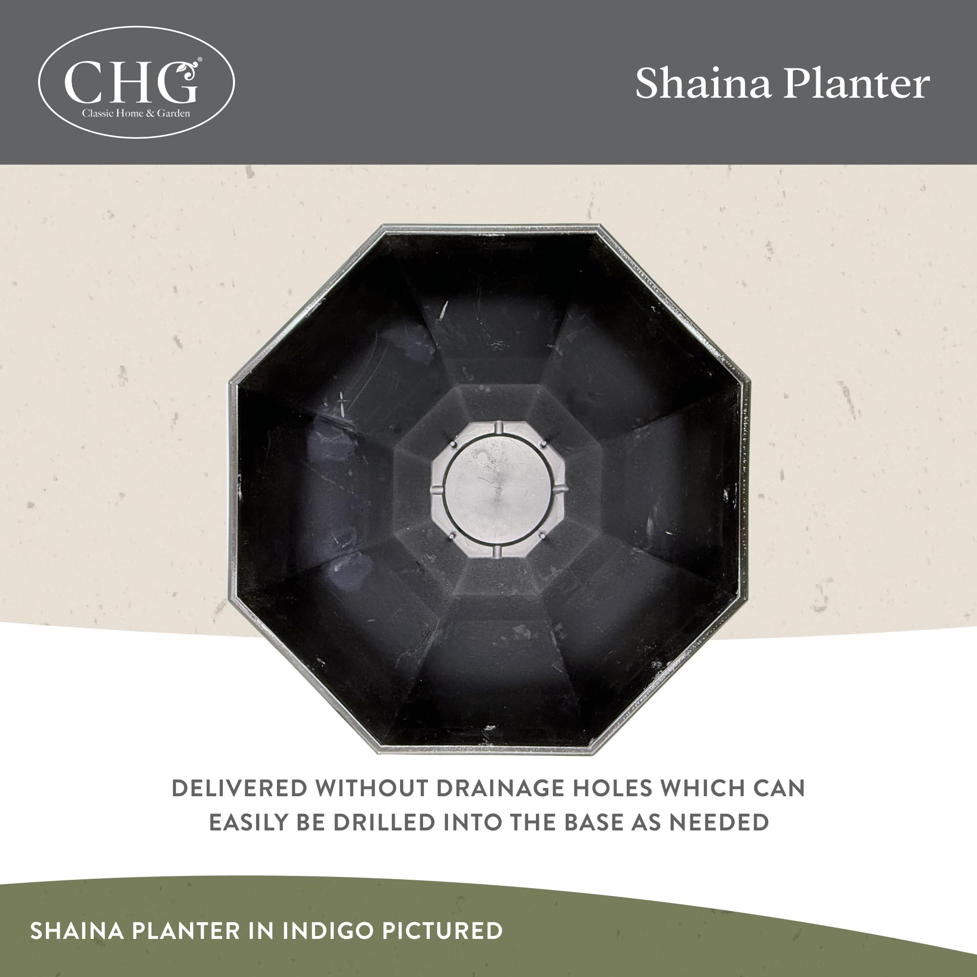 Drainage hole option demonstrates customizable water flow for plants.