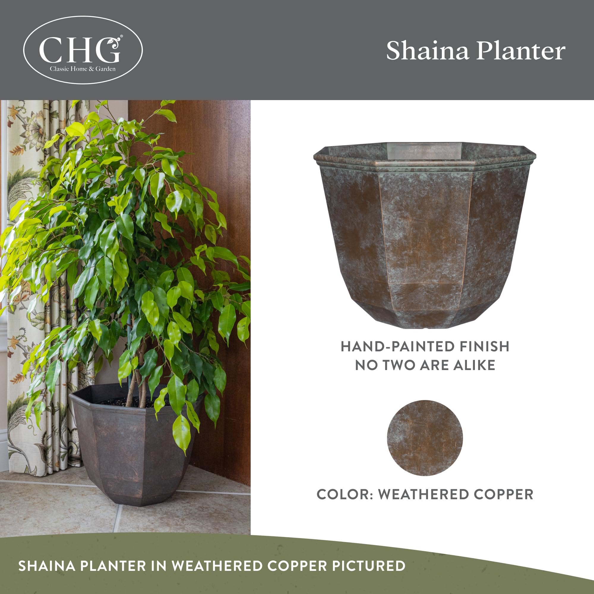 Shaina pot on outdoor porch showing lightweight, durable resin for easy relocation.