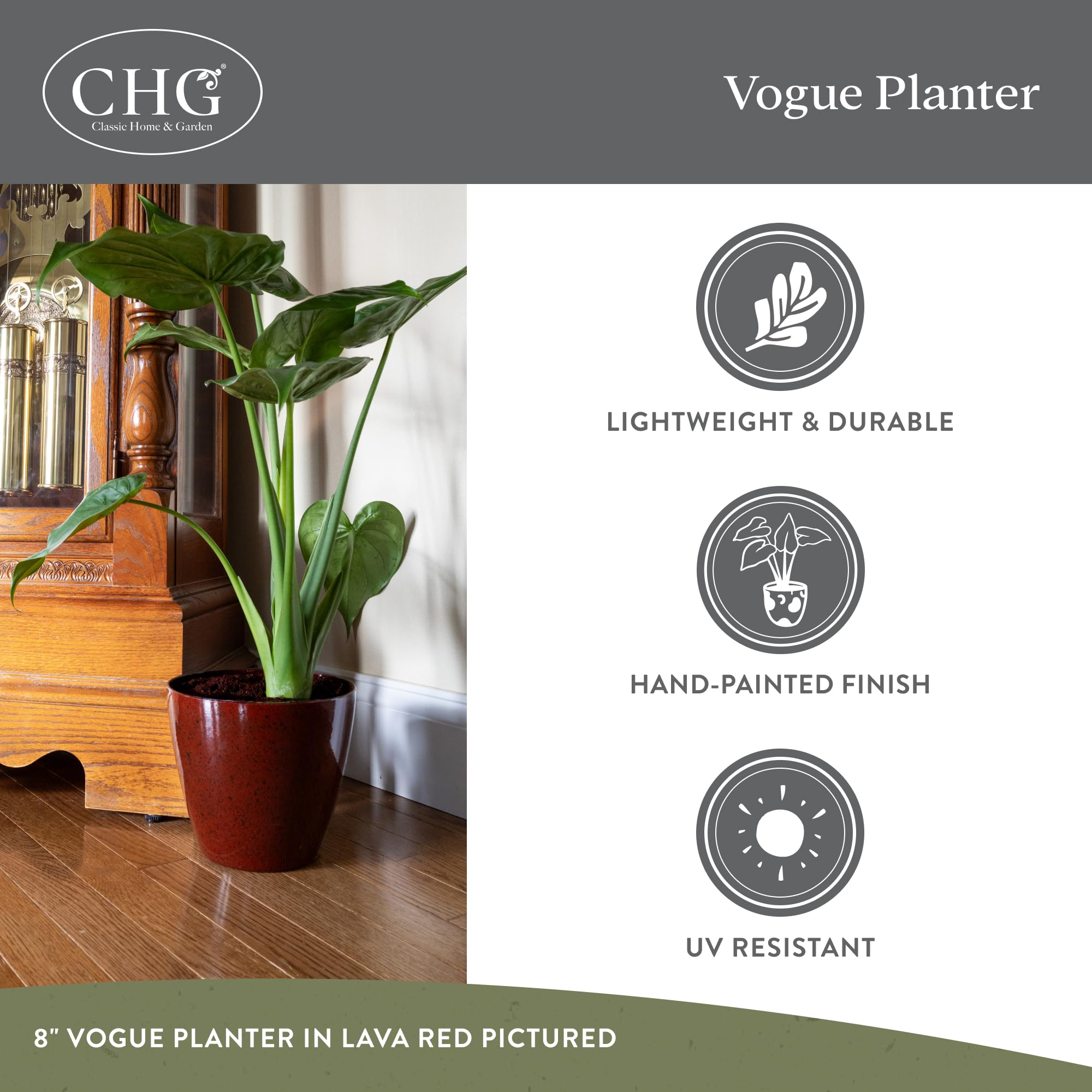Classic Home and Garden Vogue 8in indigo planter bottom detail showing drill-ready option.
