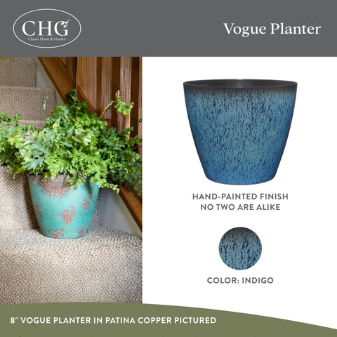 Classic Home and Garden Vogue 8in indigo planter side view; lightweight, durable for outdoors.