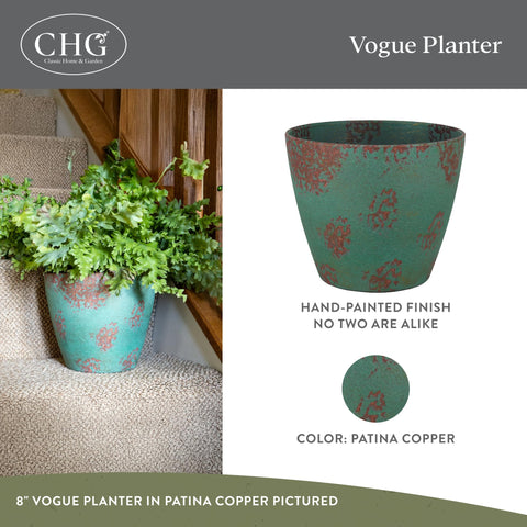 Close-up of Vogue planter 8 inch patina copper finish for premium look.