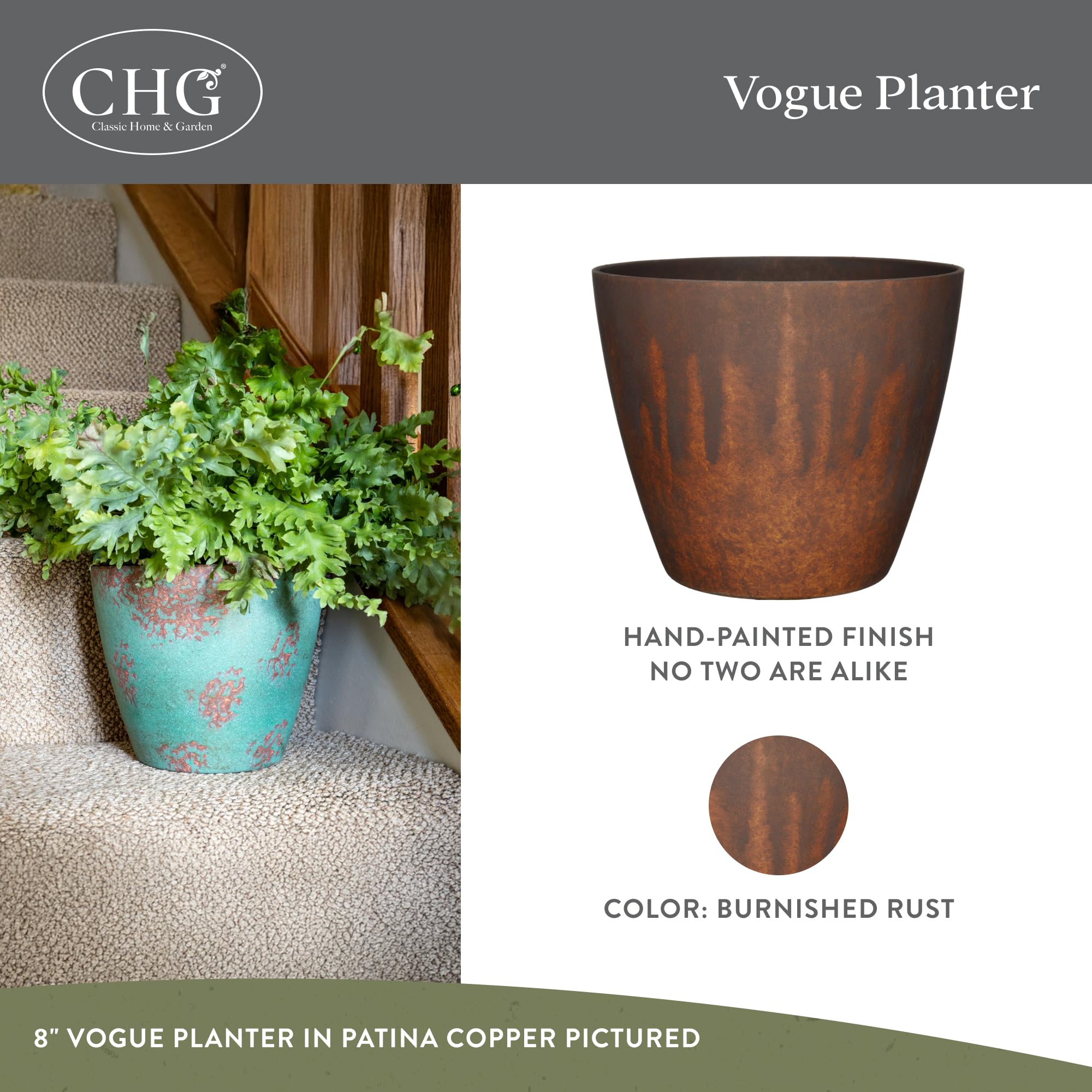 Vogue Planter in burnished rust color for modern outdoor display