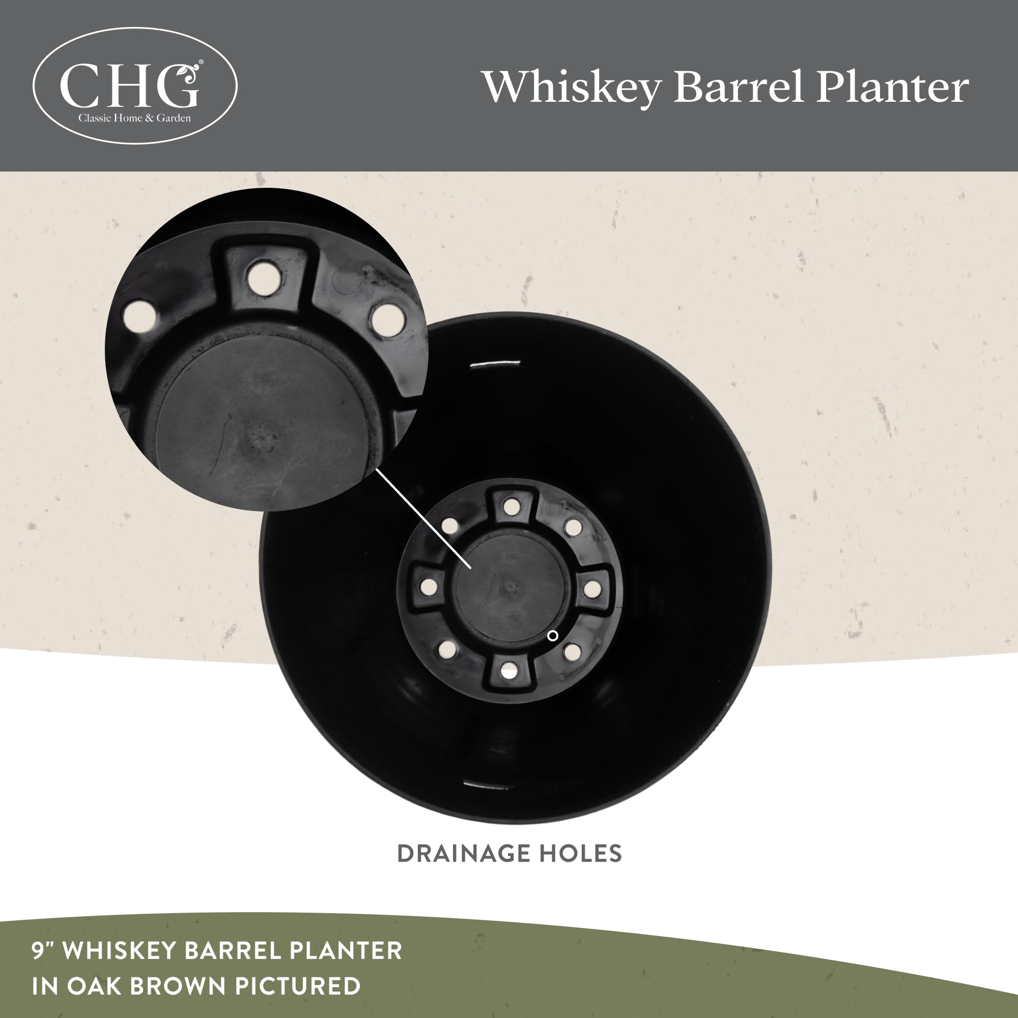 Classic Home & Garden whiskey barrel planter interior use with thriving plants