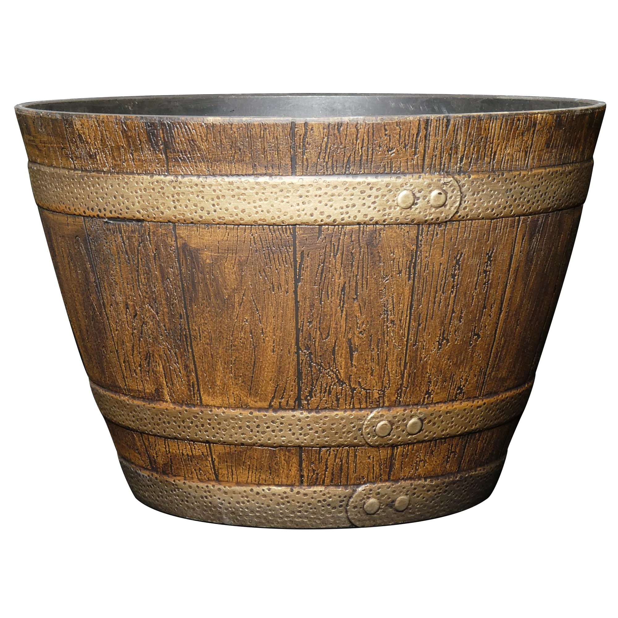 Classic Home & Garden whiskey barrel planter in oak brown, ideal for indoor or outdoor decor.