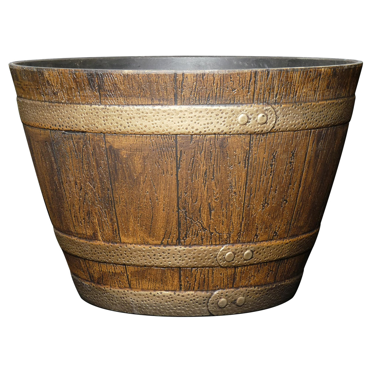 Classic Home & Garden whiskey barrel planter in oak brown, ideal for indoor or outdoor decor.