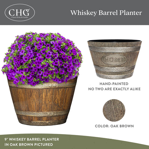 Classic Home & Garden whiskey barrel planter texture close-up emphasizes resin woodgrain