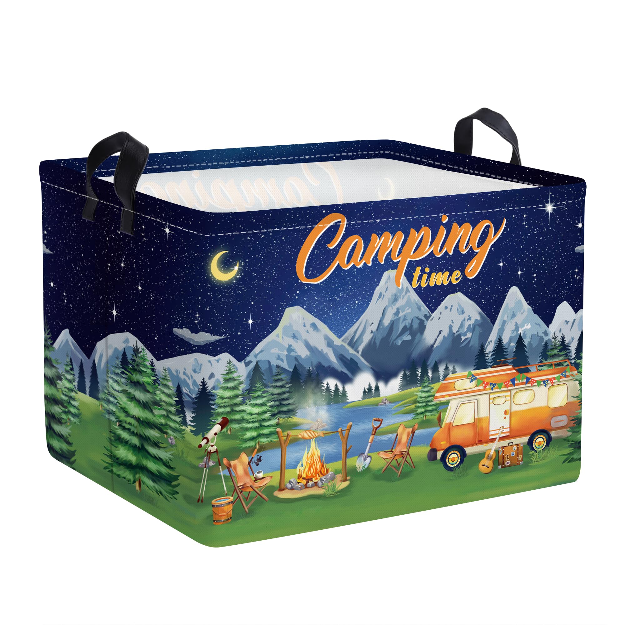 Clastyle Black Night Camping Storage Basket neatly organized on a camp table with gear nearby.