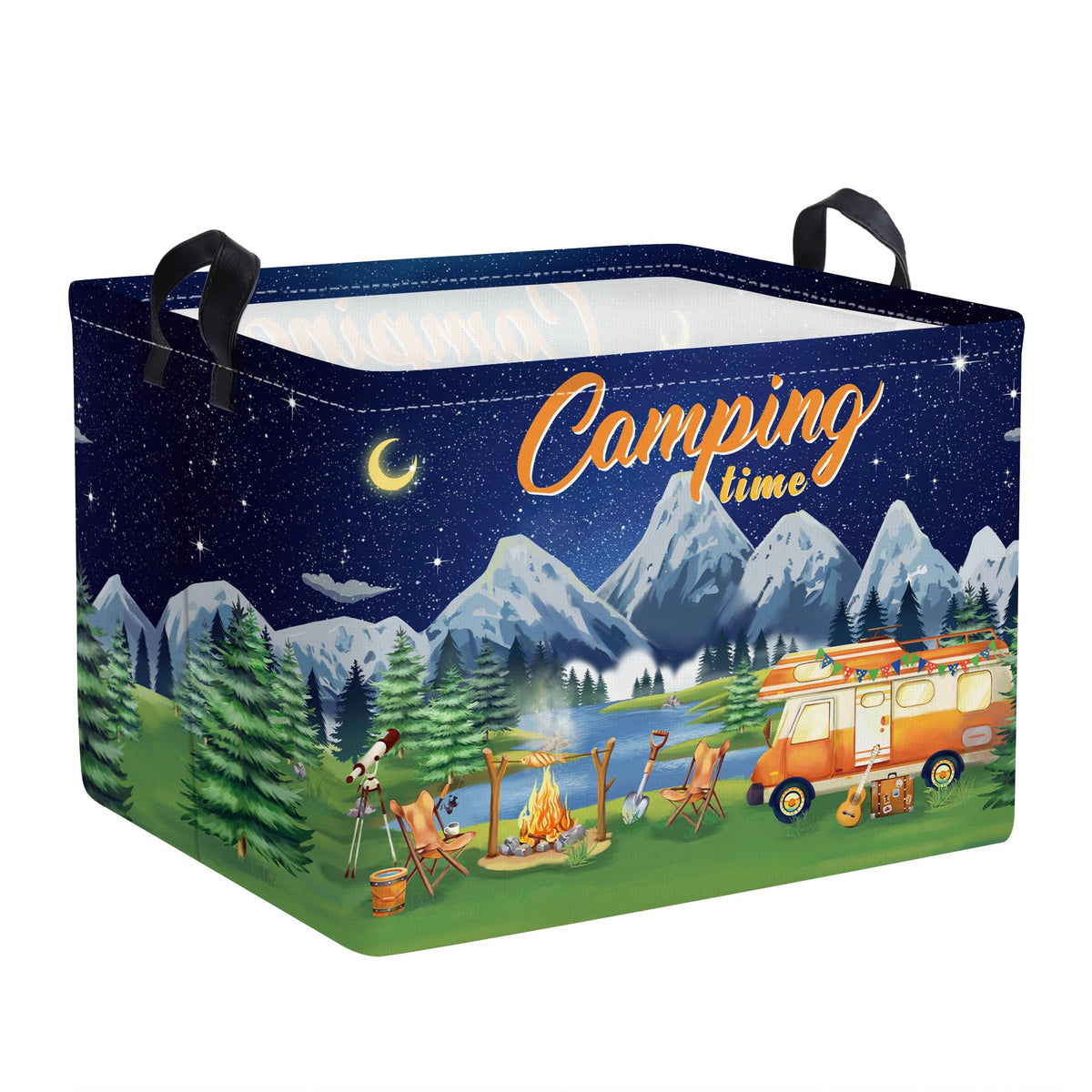 Clastyle Black Night Camping Storage Basket neatly organized on a camp table with gear nearby.