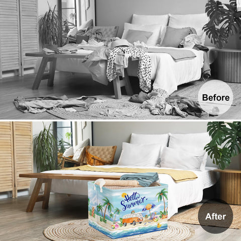 Clastyle blue beach toy chest stores toys and towels for family beach days.