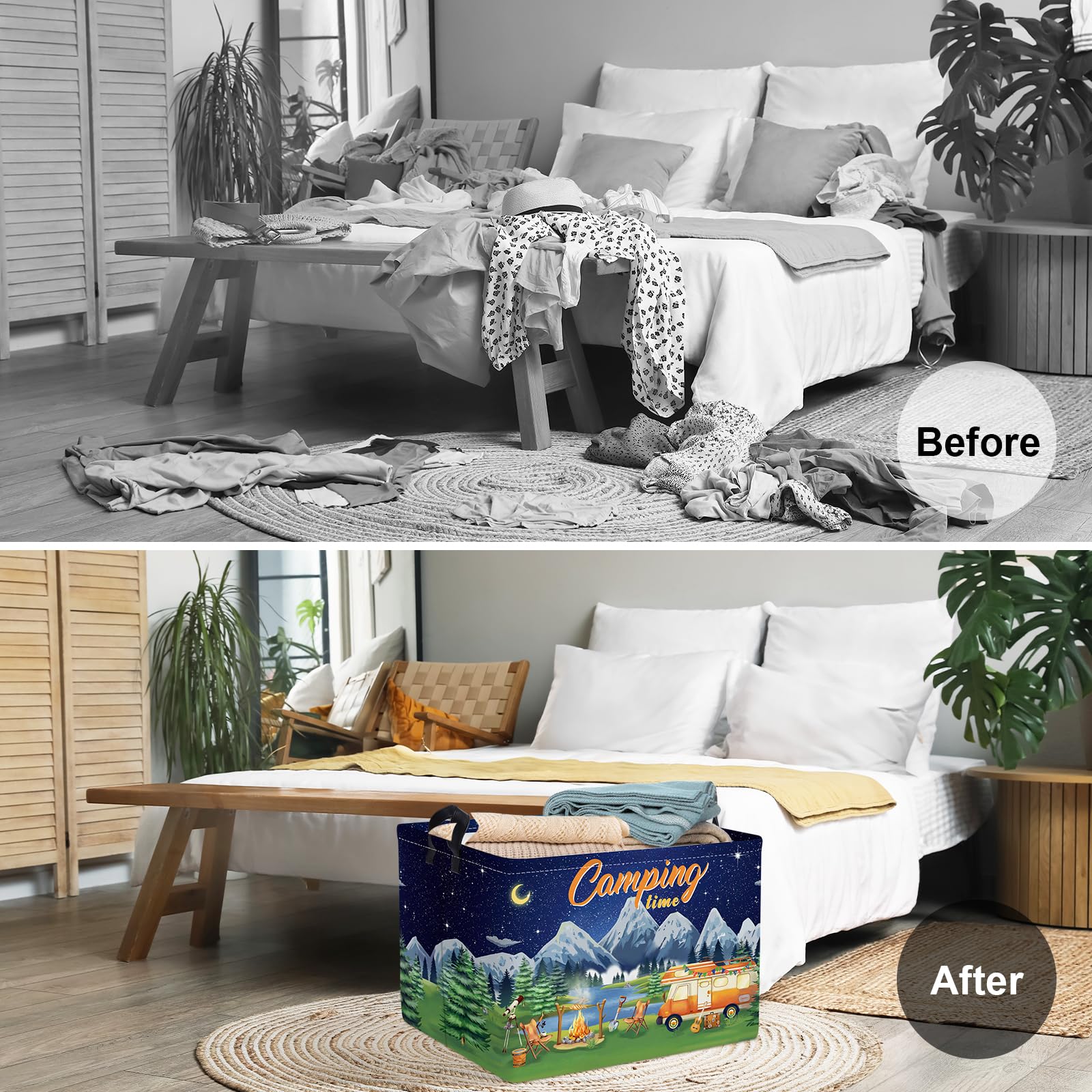 Clastyle multifunctional RV travel bin used for toys, towels, and snacks during a trip.