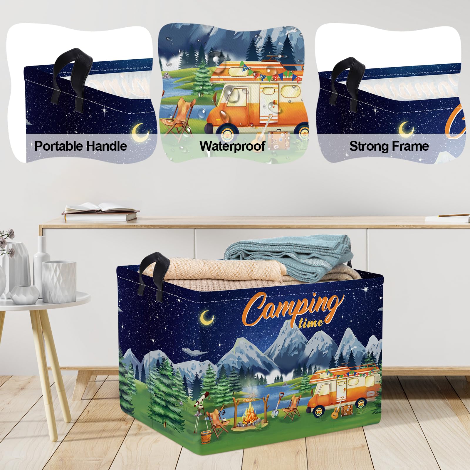 Clastyle rectangular camping storage bin with handle ready for moving around a campsite.