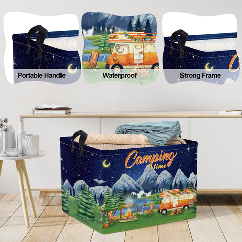 Clastyle rectangular camping storage bin with handle ready for moving around a campsite.