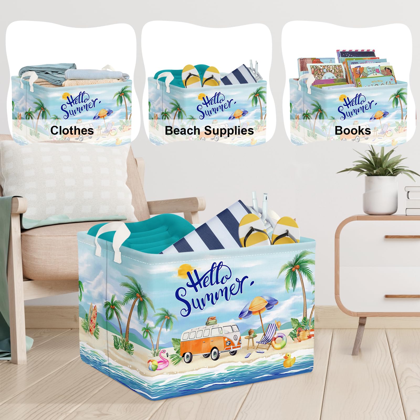 Clastyle rectangular storage bin fits on shelves for easy home organization.