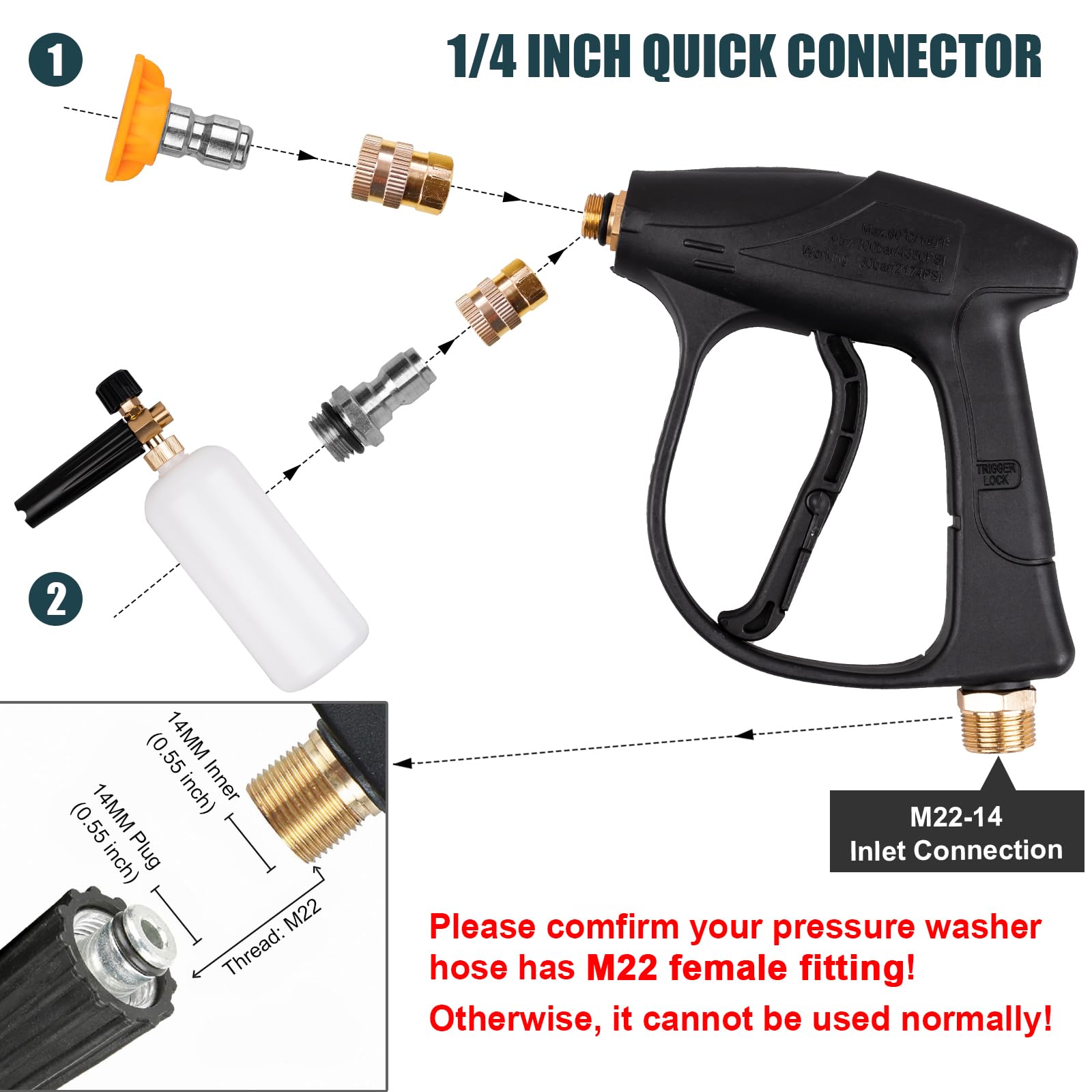 Clatoon foam cannon with 1/4-inch quick connector enables quick setup for washing.