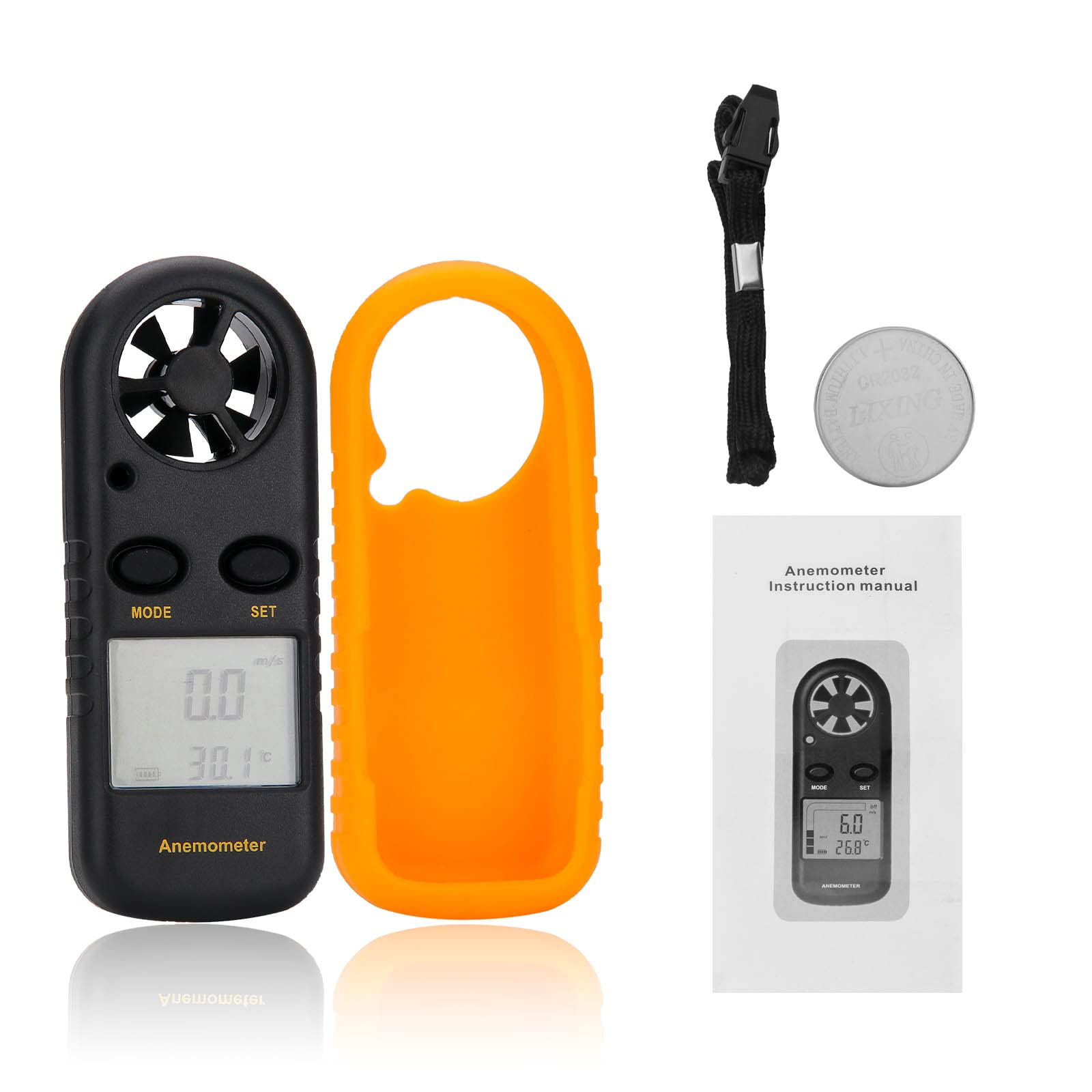 Clatoon wind-speed meter closeup highlighting the high-contrast LCD for easy readings.