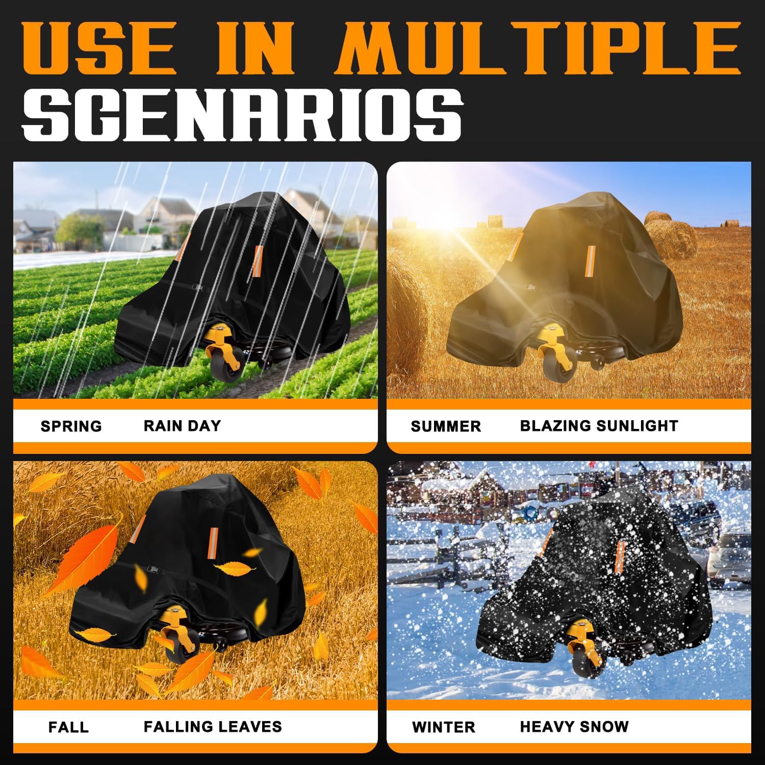 ClawsCover front reflective strips enhance night visibility when covering the mower.