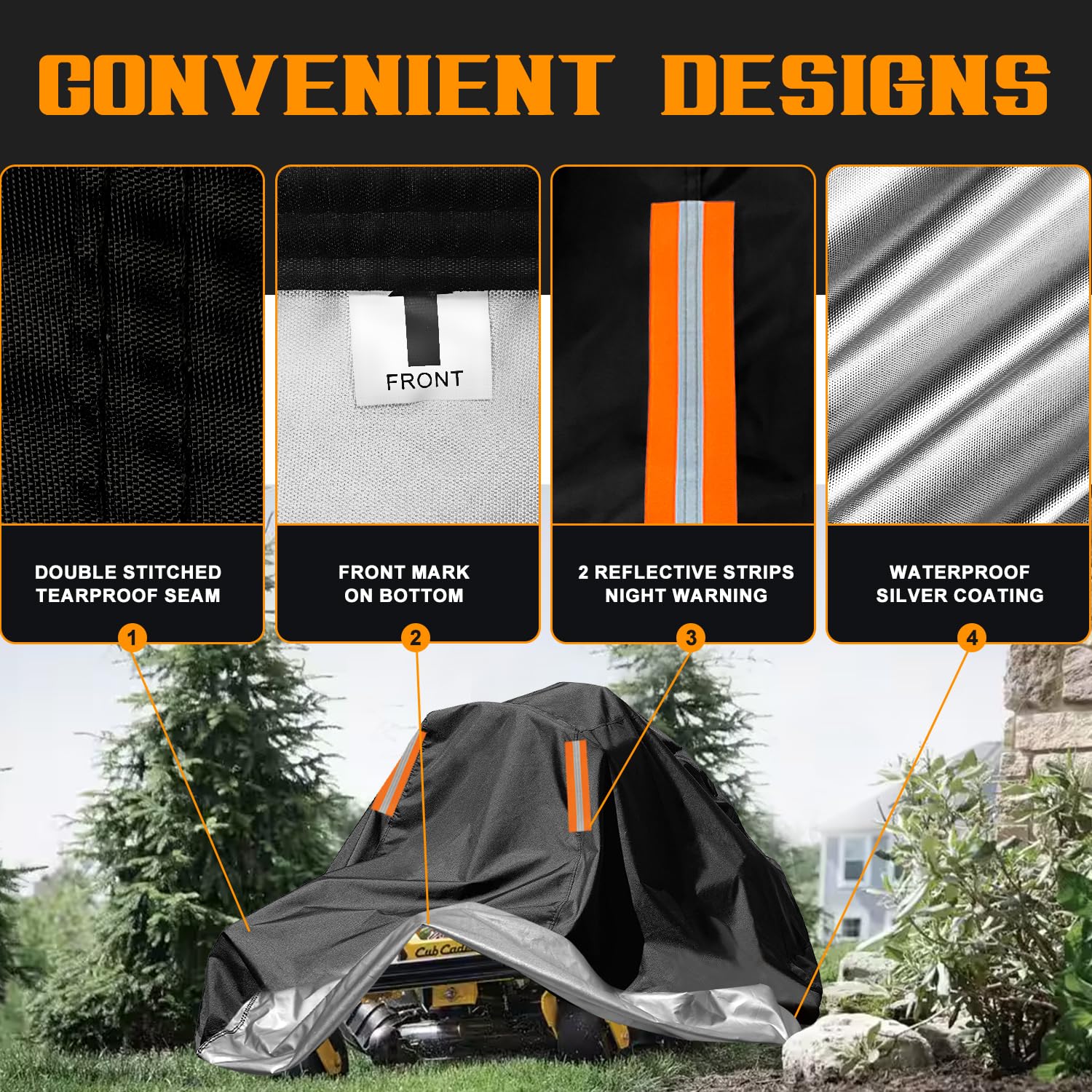 ClawsCover mower cover features waterproof inner coating to keep your deck dry.