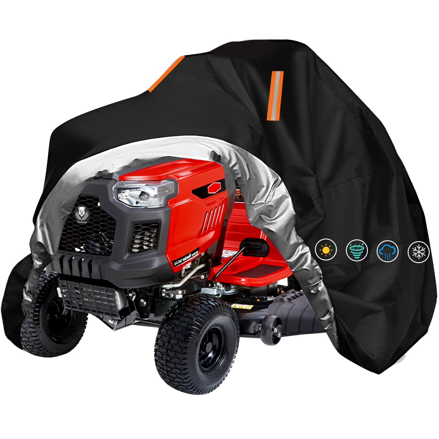 ClawsCover riding lawn mower cover front view in sturdy 210D fabric protects against weather.