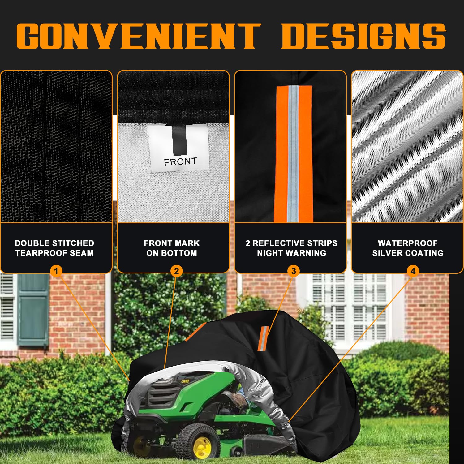 ClawsCover riding lawn mower cover side view with logo shows universal fit.