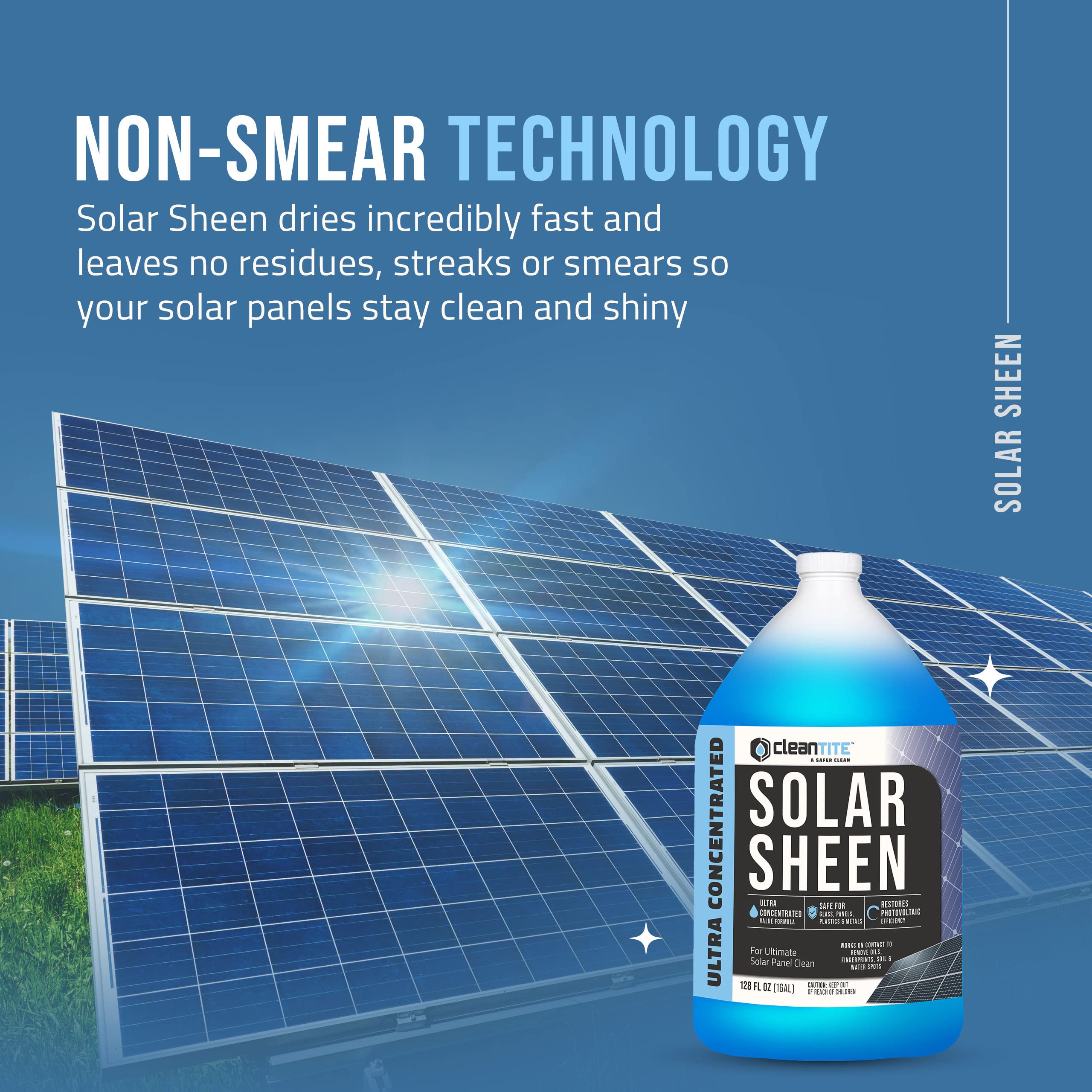 CLEANTITE Solar Panel Cleaner on glass/plastic/metal surfaces.